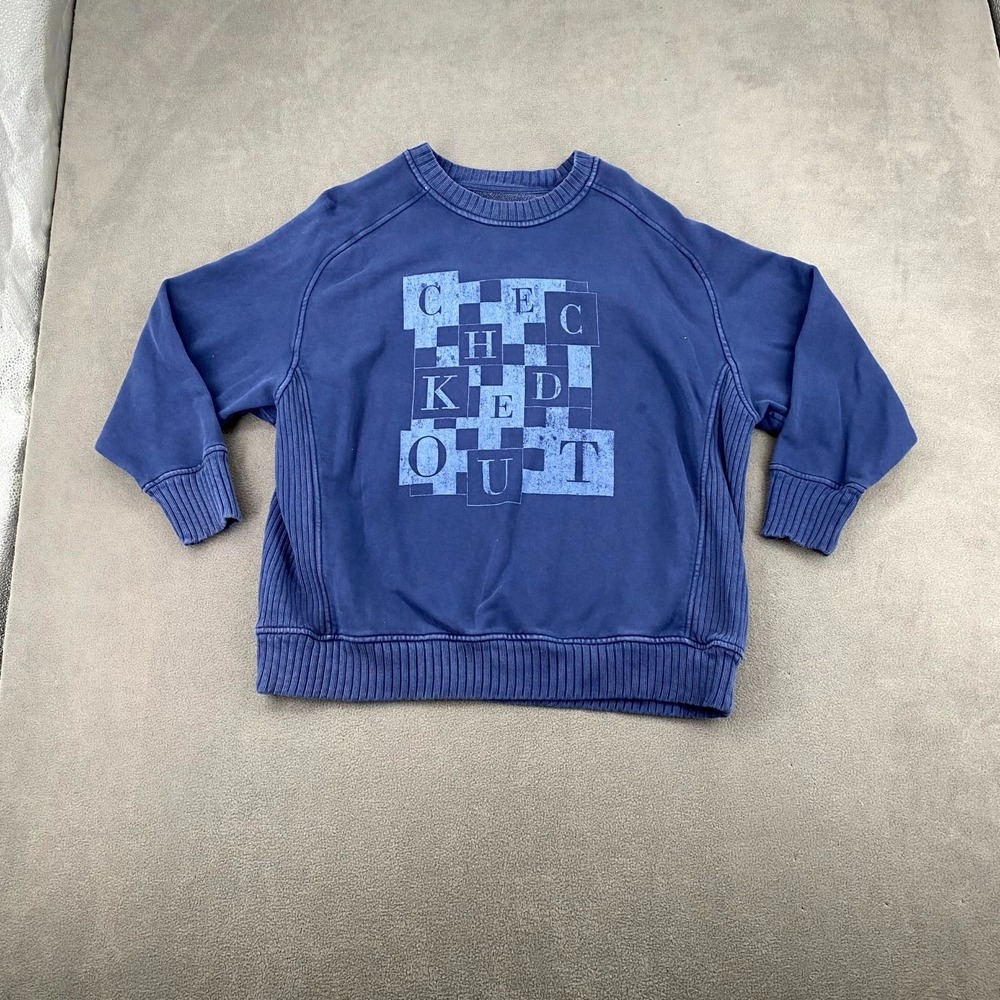 Aerie Sweatshirt Women's Small Blue Graphic Checked Out Terry Ribbed Crew Neck